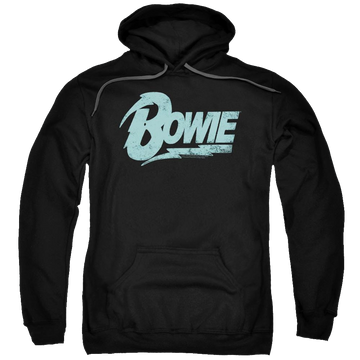 Black pullover hoodie with David Bowie Logo graphic