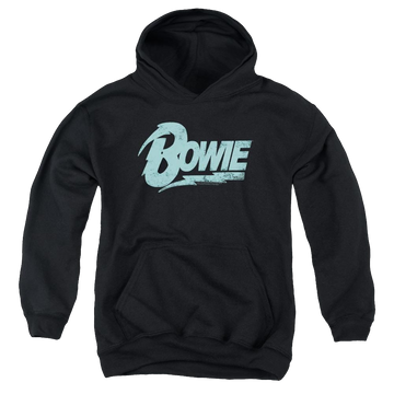 Black youth hoodie for ages 8 to 12 with David Bowie Logo graphic