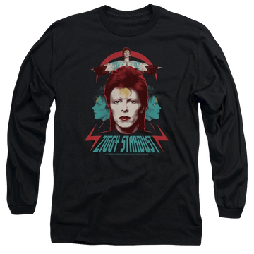 Black men's long sleeve t-shirt with David Bowie Ziggy Heads graphic