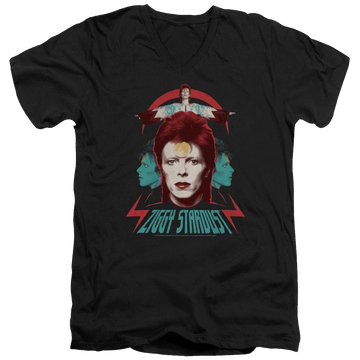 Black men's v-neck t-shirt with David Bowie Ziggy Heads graphic