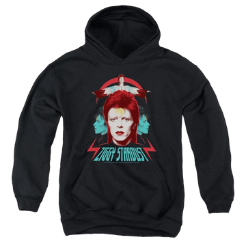 Black youth hoodie for ages 8 to 12 with David Bowie Ziggy Heads graphic