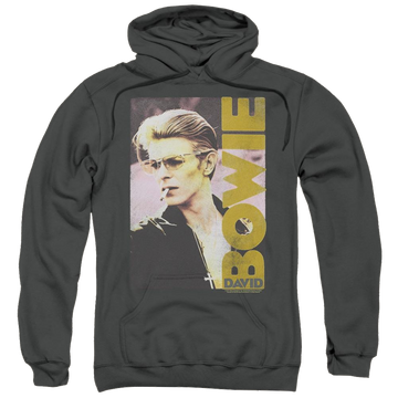 Charcoal pullover hoodie with David Bowie Smokin graphic