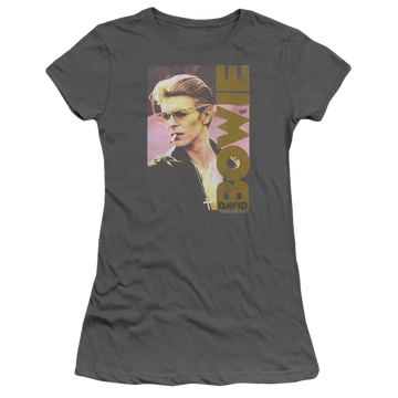 Charcoal juniors t-shirt with David Bowie Smokin graphic