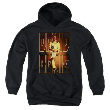 Black youth hoodie for ages 8 to 12 with David Bowie Perched graphic