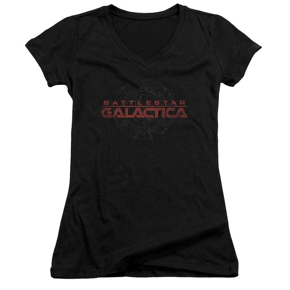 Battlestar Galactica Battered Logo - Juniors V-Neck T-Shirt Juniors V-Neck T-Shirt Battlestar Galactica   
