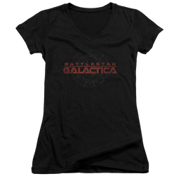 Battlestar Galactica Battered Logo - Juniors V-Neck T-Shirt Juniors V-Neck T-Shirt Battlestar Galactica   