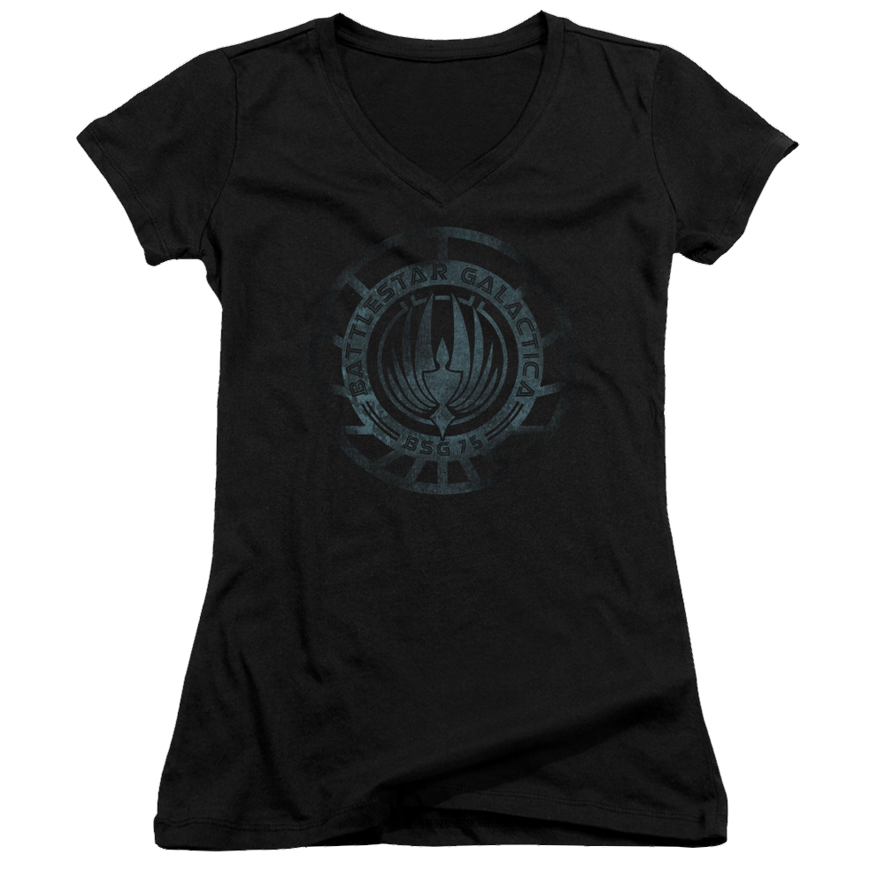 Battlestar Galactica Faded Emblem - Juniors V-Neck T-Shirt Juniors V-Neck T-Shirt Battlestar Galactica   