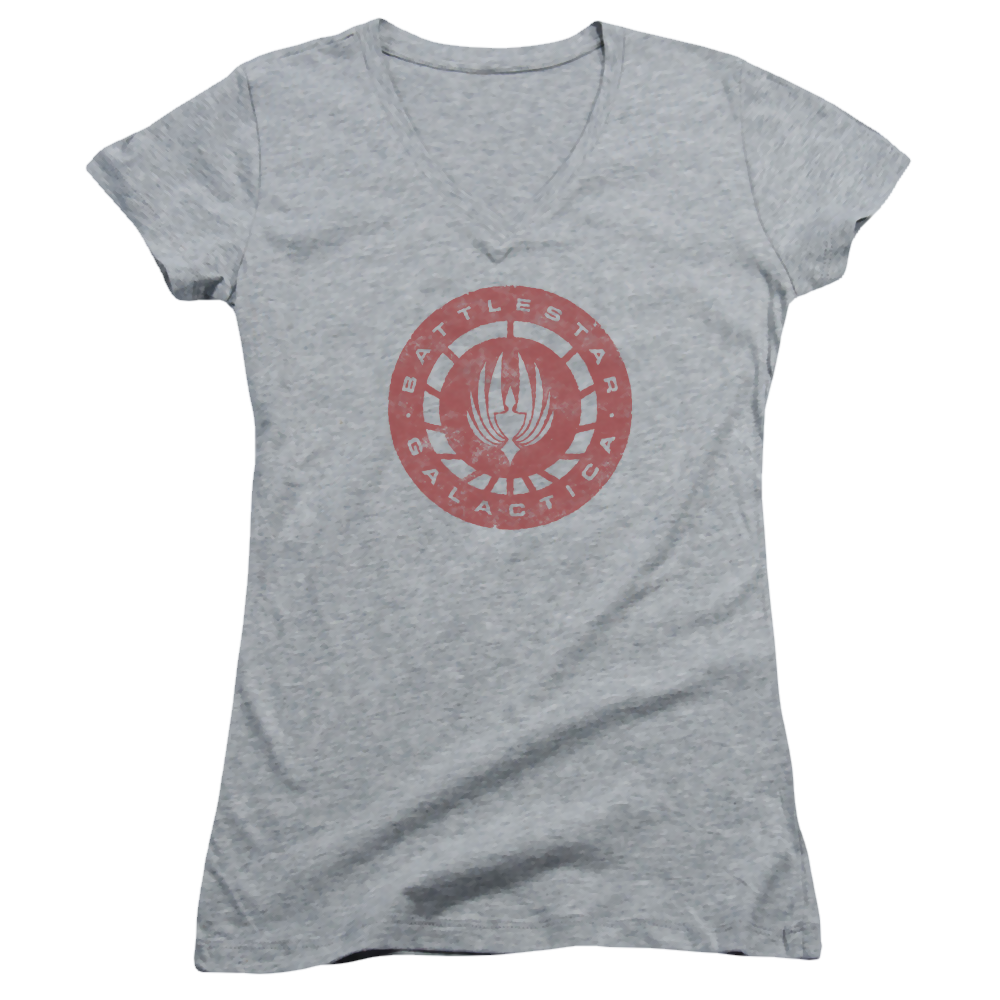 Battlestar Galactica Eroded Logo - Juniors V-Neck T-Shirt Juniors V-Neck T-Shirt Battlestar Galactica   