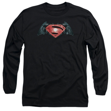 Black men's long sleeve t-shirt with Batman v Superman Industrial Logo graphic
