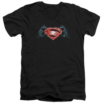 Black men's v-neck t-shirt with Batman v Superman Industrial Logo graphic