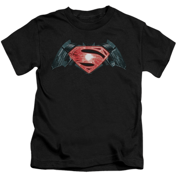 Black kid's t-shirt for ages 4 to 7 with Batman v Superman Industrial Logo graphic