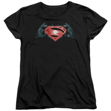 Black women's t-shirt with Batman v Superman Industrial Logo graphic