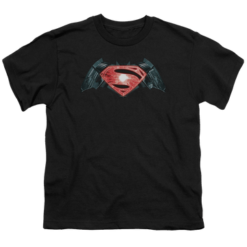 Black youth t-shirt for ages 8 to 12 with Batman v Superman Industrial Logo graphic