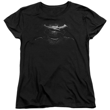 Black women's t-shirt with Batman v Superman Bw Logo graphic
