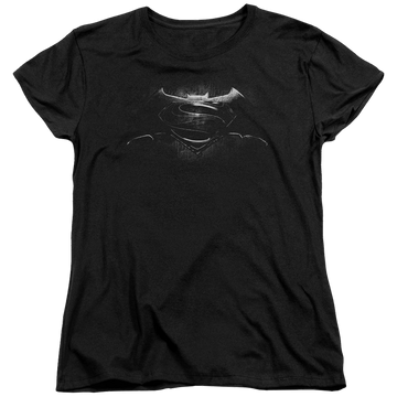 Black women's t-shirt with Batman v Superman Bw Logo graphic