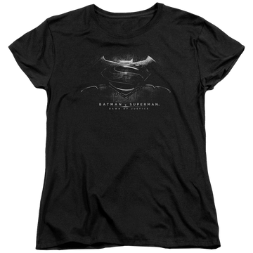 Black women's t-shirt with Batman v Superman Bw Logo graphic