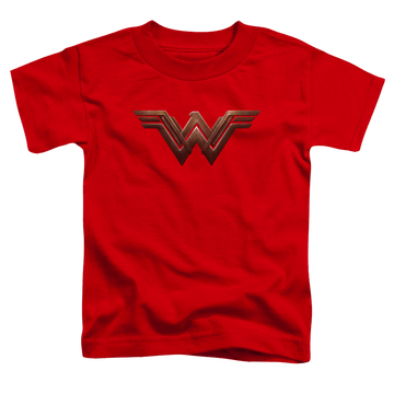 Red kid's t-shirt for ages 4 to 7 with Batman v Superman Ww Shield graphic