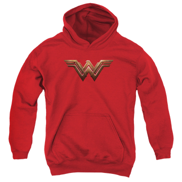 Red youth hoodie for ages 8 to 12 with Batman v Superman Ww Shield graphic