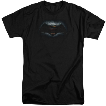 Black men's tall fit t-shirt with Batman v Superman Logo graphic