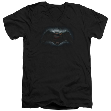 Black men's v-neck t-shirt with Batman v Superman Logo graphic