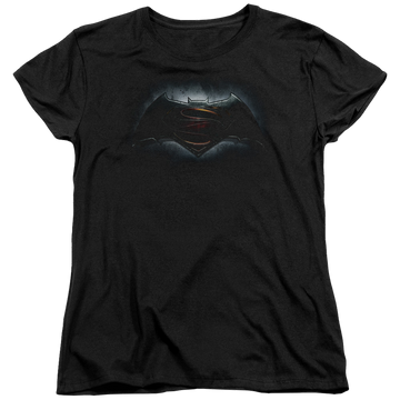 Black women's t-shirt with Batman v Superman Logo graphic