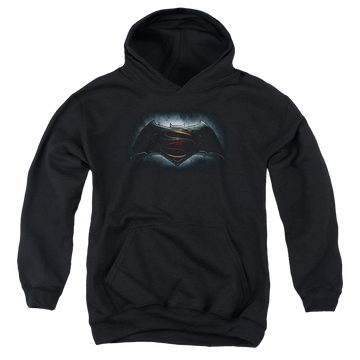 Black youth hoodie for ages 8 to 12 with Batman v Superman Logo graphic