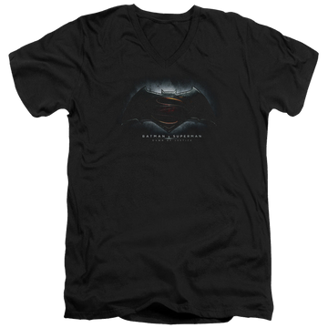 Black men's v-neck t-shirt with Batman v Superman Logo graphic