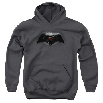 Charcoal youth hoodie for ages 8 to 12 with Batman v Superman Logo graphic