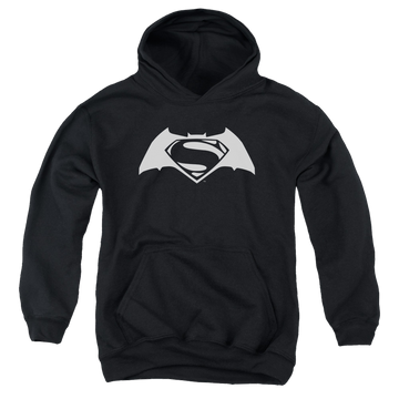 Black youth hoodie for ages 8 to 12 with Batman v Superman Simple Logo graphic