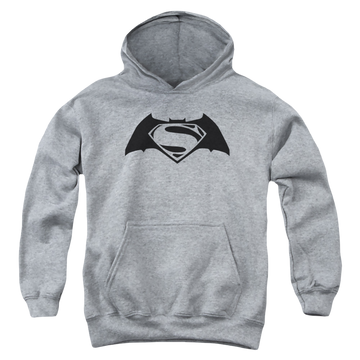 Athletic heather youth hoodie for ages 8 to 12 with Batman v Superman Simple Logo graphic