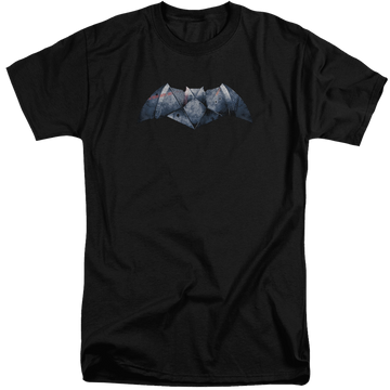 Black men's tall fit t-shirt with Batman v Superman Plated Bat Logo graphic