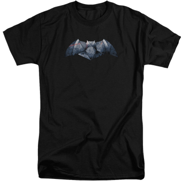 Black men's tall fit t-shirt with Batman v Superman Plated Bat Logo graphic