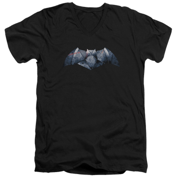 Black men's v-neck t-shirt with Batman v Superman Plated Bat Logo graphic