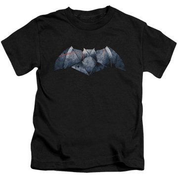 Black kid's t-shirt for ages 4 to 7 with Batman v Superman Plated Bat Logo graphic