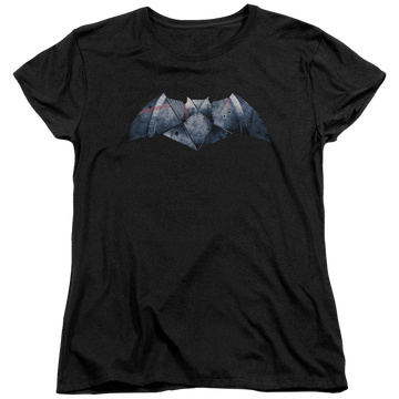 Black women's t-shirt with Batman v Superman Plated Bat Logo graphic