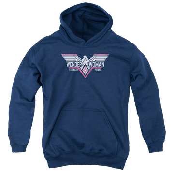 Navy youth hoodie for ages 8 to 12 with Batman v Superman Thunder Logo graphic