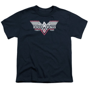Navy youth t-shirt for ages 8 to 12 with Batman v Superman Thunder Logo graphic