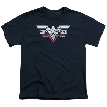 Navy youth t-shirt for ages 8 to 12 with Batman v Superman Thunder Logo graphic