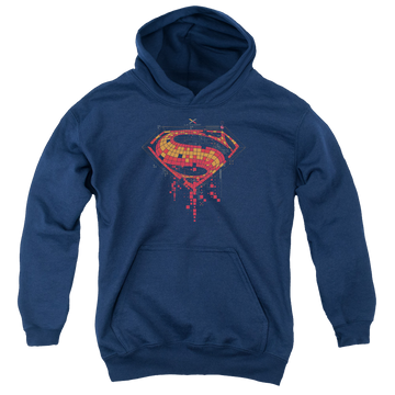 Navy youth hoodie for ages 8 to 12 with Batman v Superman Tech Super Logo graphic