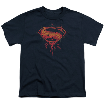 Navy youth t-shirt for ages 8 to 12 with Batman v Superman Tech Super Logo graphic