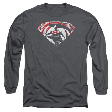 Charcoal men's long sleeve t-shirt with Batman v Superman Super Splatter Logo graphic