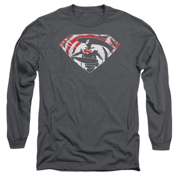 Charcoal men's long sleeve t-shirt with Batman v Superman Super Splatter Logo graphic