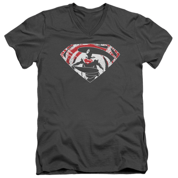 Charcoal men's v-neck t-shirt with Batman v Superman Super Splatter Logo graphic
