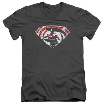 Charcoal men's v-neck t-shirt with Batman v Superman Super Splatter Logo graphic