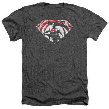 Charcoal men's heather t-shirt with Batman v Superman Super Splatter Logo graphic