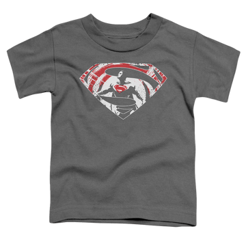 Charcoal kid's t-shirt for ages 4 to 7 with Batman v Superman Super Splatter Logo graphic