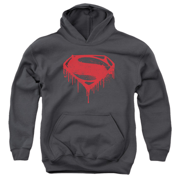 Charcoal youth hoodie for ages 8 to 12 with Batman v Superman Splattered graphic
