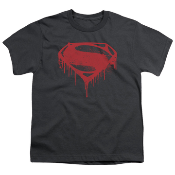 Charcoal youth t-shirt for ages 8 to 12 with Batman v Superman Splattered graphic