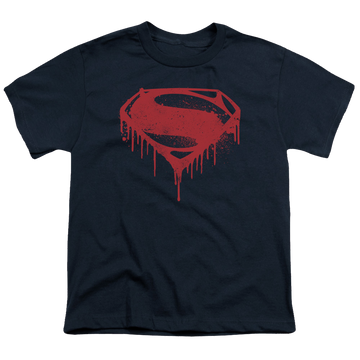 Navy youth t-shirt for ages 8 to 12 with Batman v Superman Splattered graphic