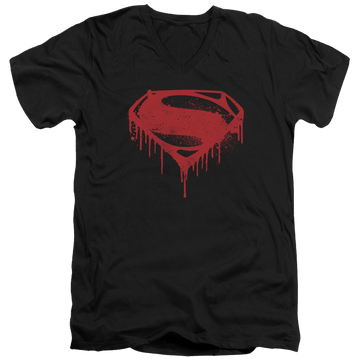 Black men's v-neck t-shirt with Batman v Superman Splattered graphic